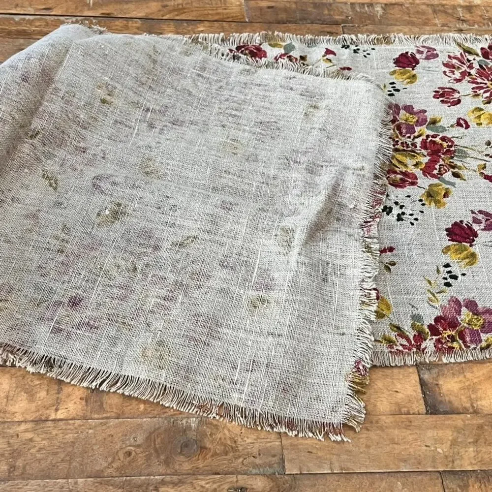 World Market Floral 100% Linen Table Runner with Fringe 17 x 90